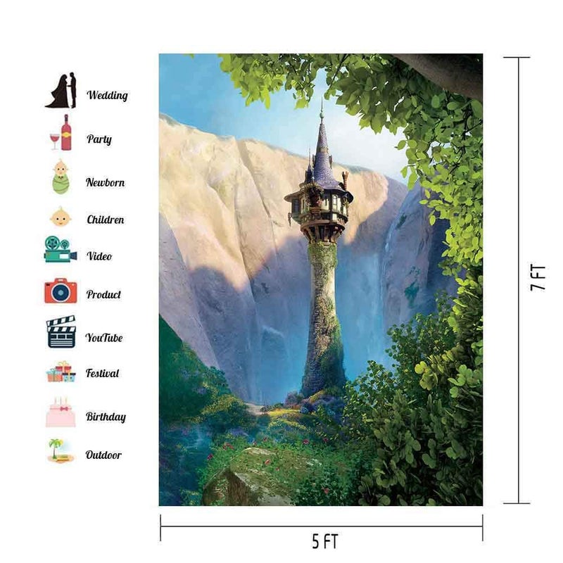 EOA 5(W) x7(H) FT Cartoon Princess Tower Backdrop Fairytale Story Rapunzel Photography Background Baby Shower Children Kids Birthday Party Events Cake Table Decoration Photoshot Props - Image 2